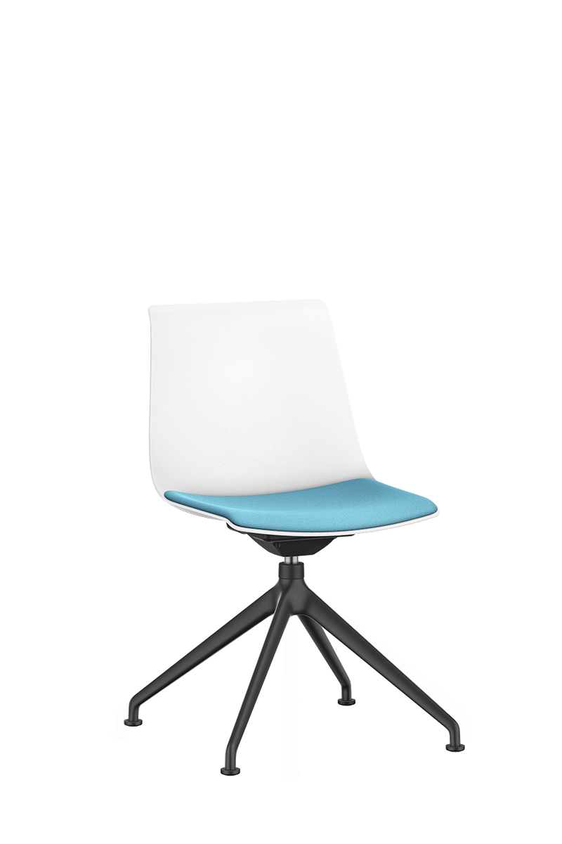 Gæste-kontorstol SHUFFLEis1 med firbenet, sortcoatet fod- og drejekryds, hvid plastikskal og blå sædepolstring | by Interstuhl
