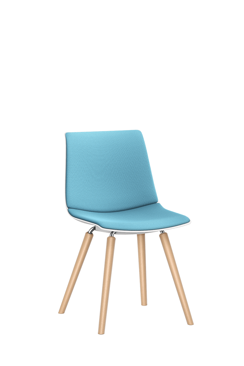 Bezoekersstoel SHUFFLEis1 met vierpoots houten frame en blauw gestoffeerde zitting en rugleuning | by Interstuhl