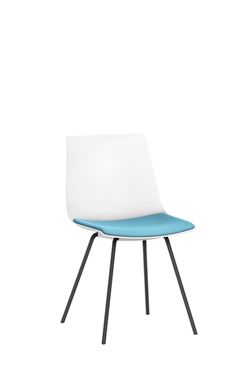 Bezoekersstoel SHUFFLEis1 met zwart gecoate vierpoot, witte kunststof schaal en blauw gestoffeerde zitting | by Interstuhl
