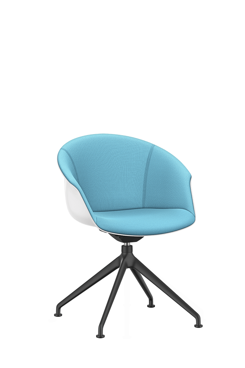 Lounge-kontorstol SHUFFLEis1 med firbenet, sortcoatet fod- og drejekryds, hvid plastikskal og blå komplet polstring | by Interstuhl
