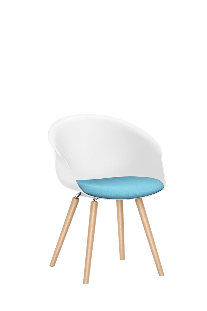 Loungestoel SHUFFLEis1 met vierpoots houten frame, witte kunststof schaal en blauw gestoffeerde zitting | by Interstuhl
