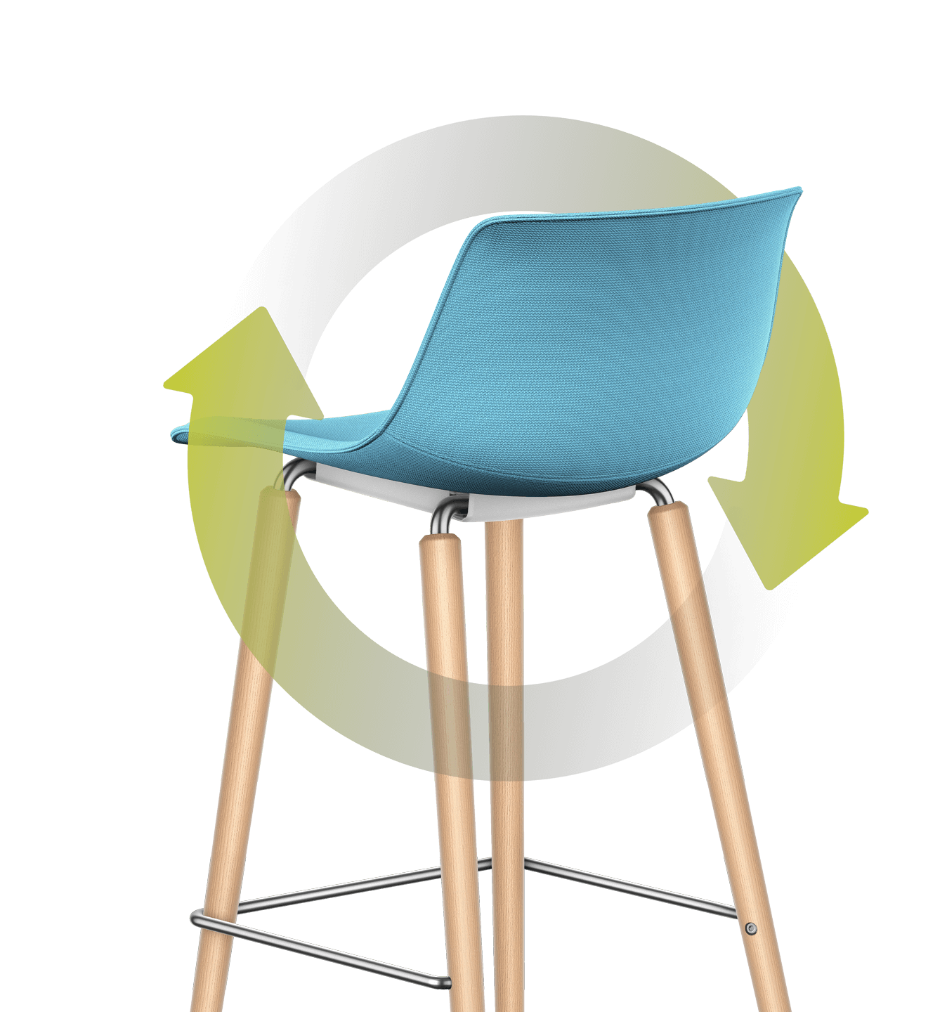 Om de barstoel met blauw gestoffeerde zitting en rugleuning en vierpoots houten frame slingert zich een geïllustreerd groen blad. De stengel wentelt zich in een cirkel om de stoel, en het blad leunt tegen de achterzijde van de gestoffeerde rugleuning.